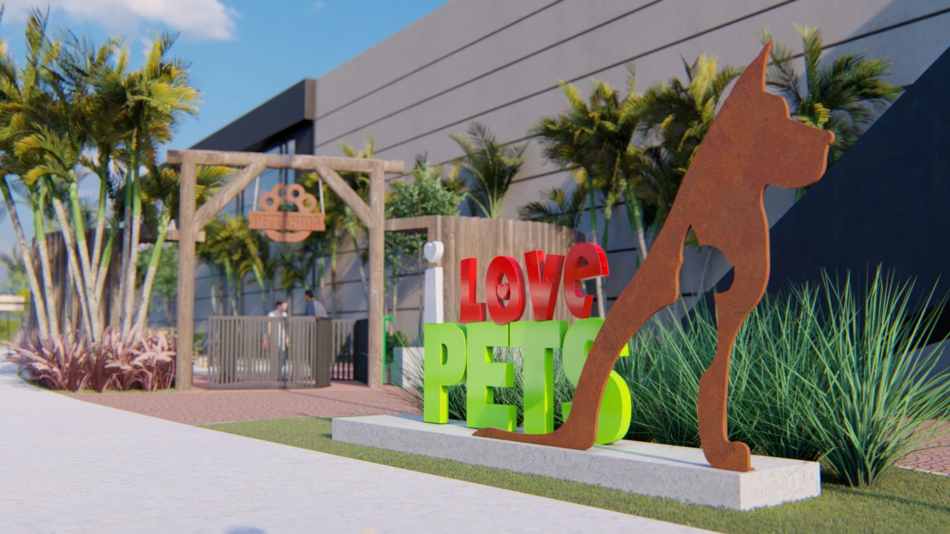 Entry portal with a corten-steel dog sculpture, a three-dimensional 'I Love Pets' sign, a timber pergola and purple grasses beside the mall wall