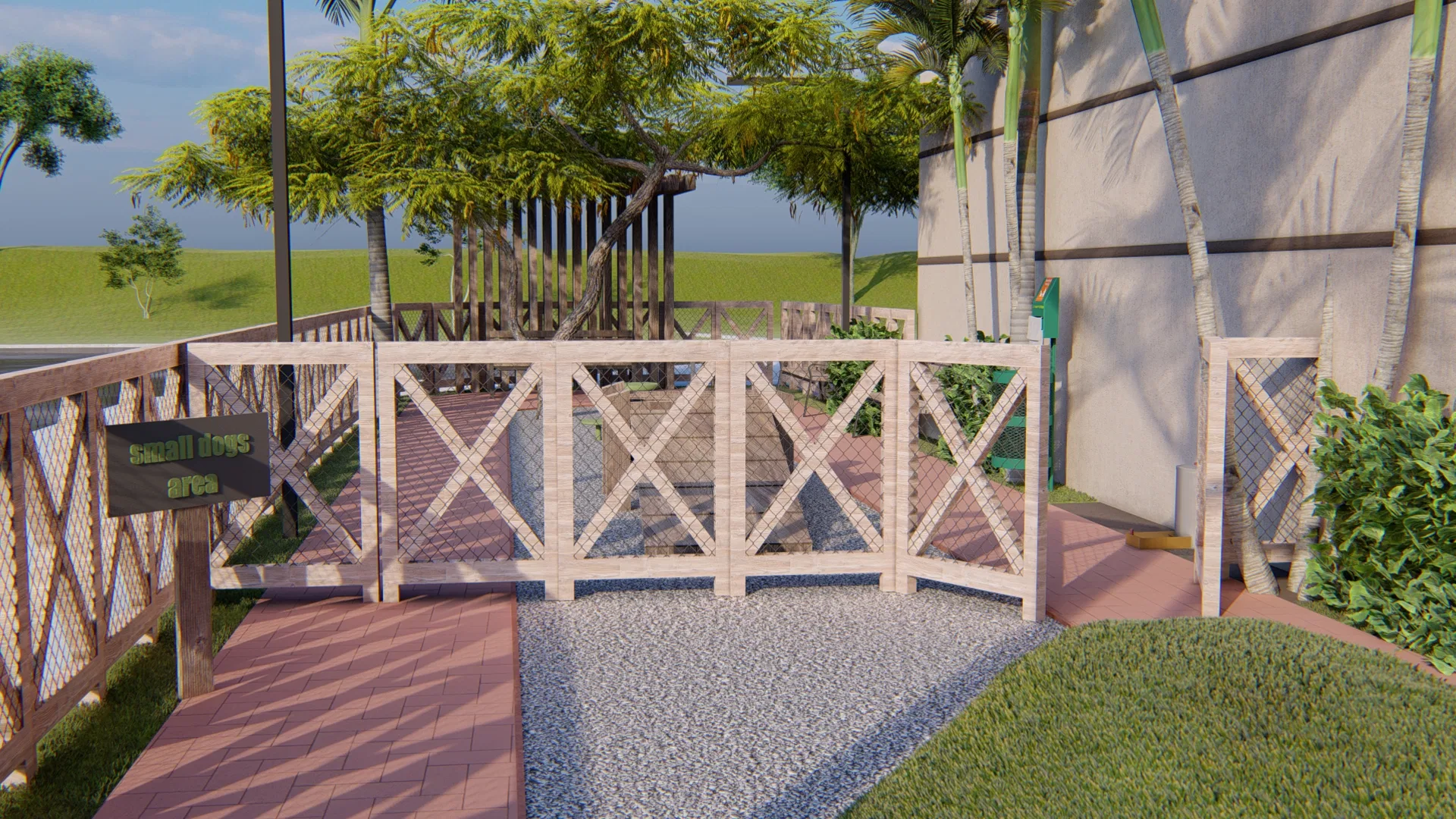 Fenced enclosure with a white lattice-timber railing, a small-dogs area sign, gravel and paver ground and a timber pergola behind