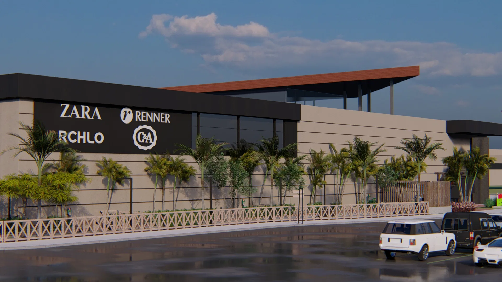 Main mall frontage with store brands on a dark panel, a timber-slat canopy, a row of young palms and a car park in front