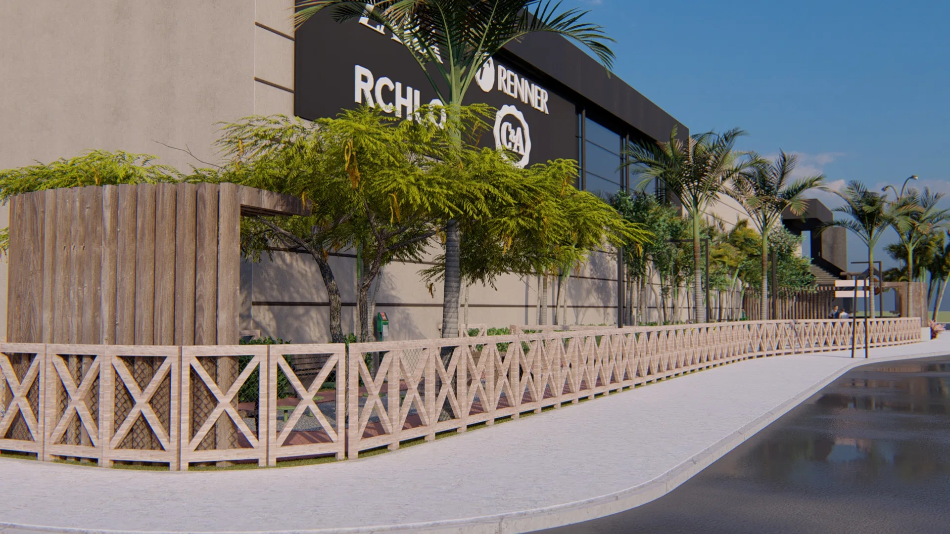 Perimeter walkway following the mall facade, a white lattice railing, a curved path and a run of palms in a planter with a slatted screen