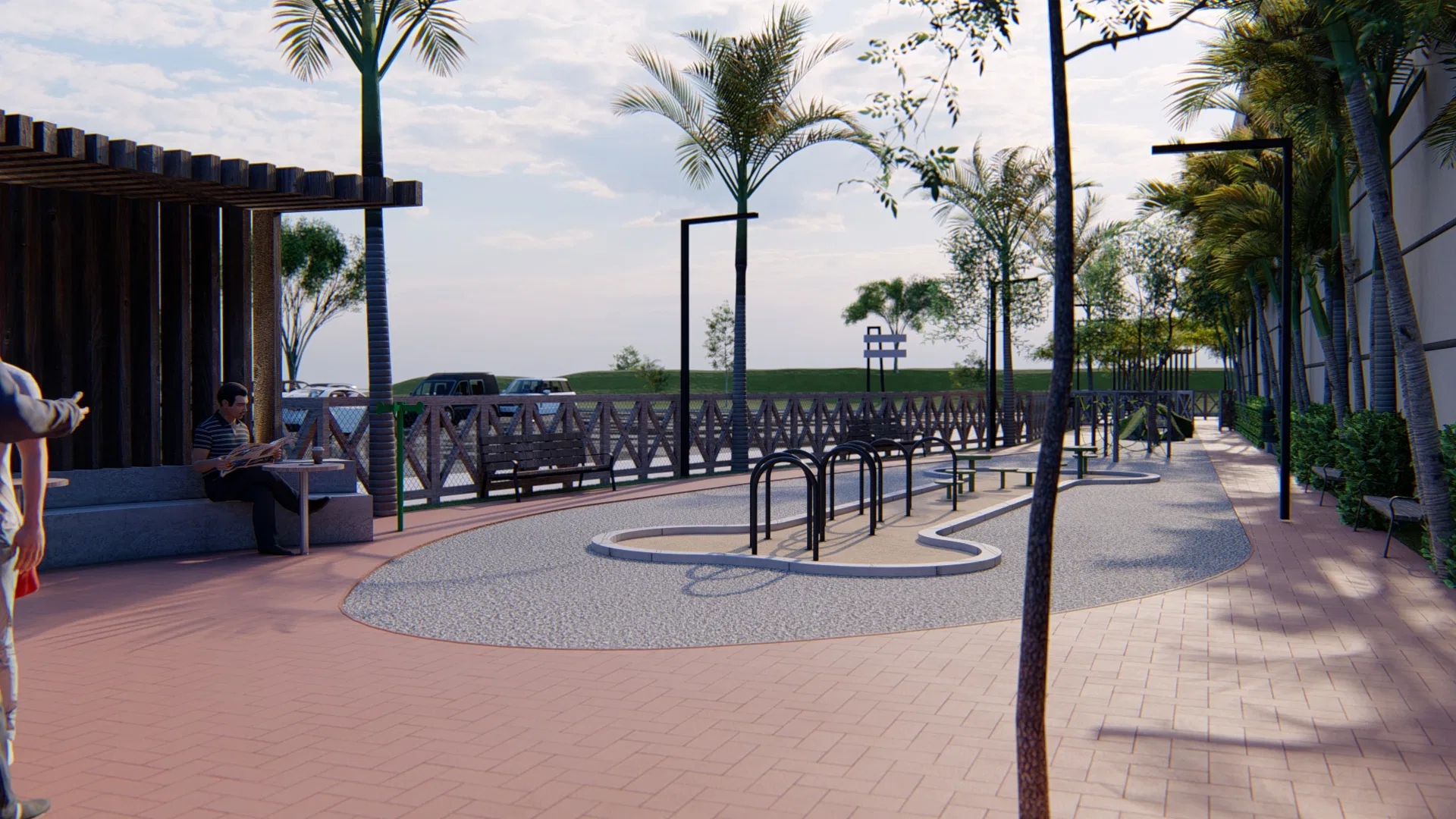 Pet park promenade in interlocking pavers, a circular agility circuit, a shade pergola on the left and someone reading on a bench among palms