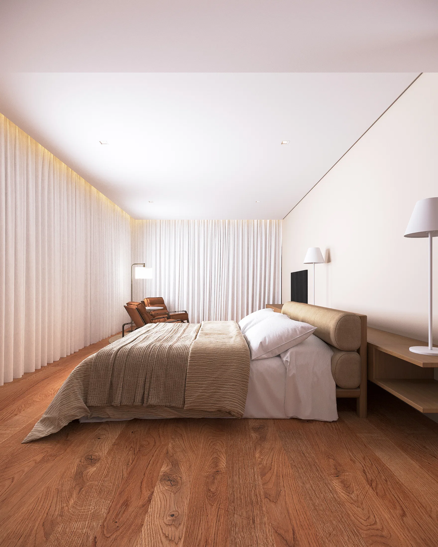 Perspective of the living area in Birdie Apartment, highlighting spatial continuity and the selection of designer light fixtures.