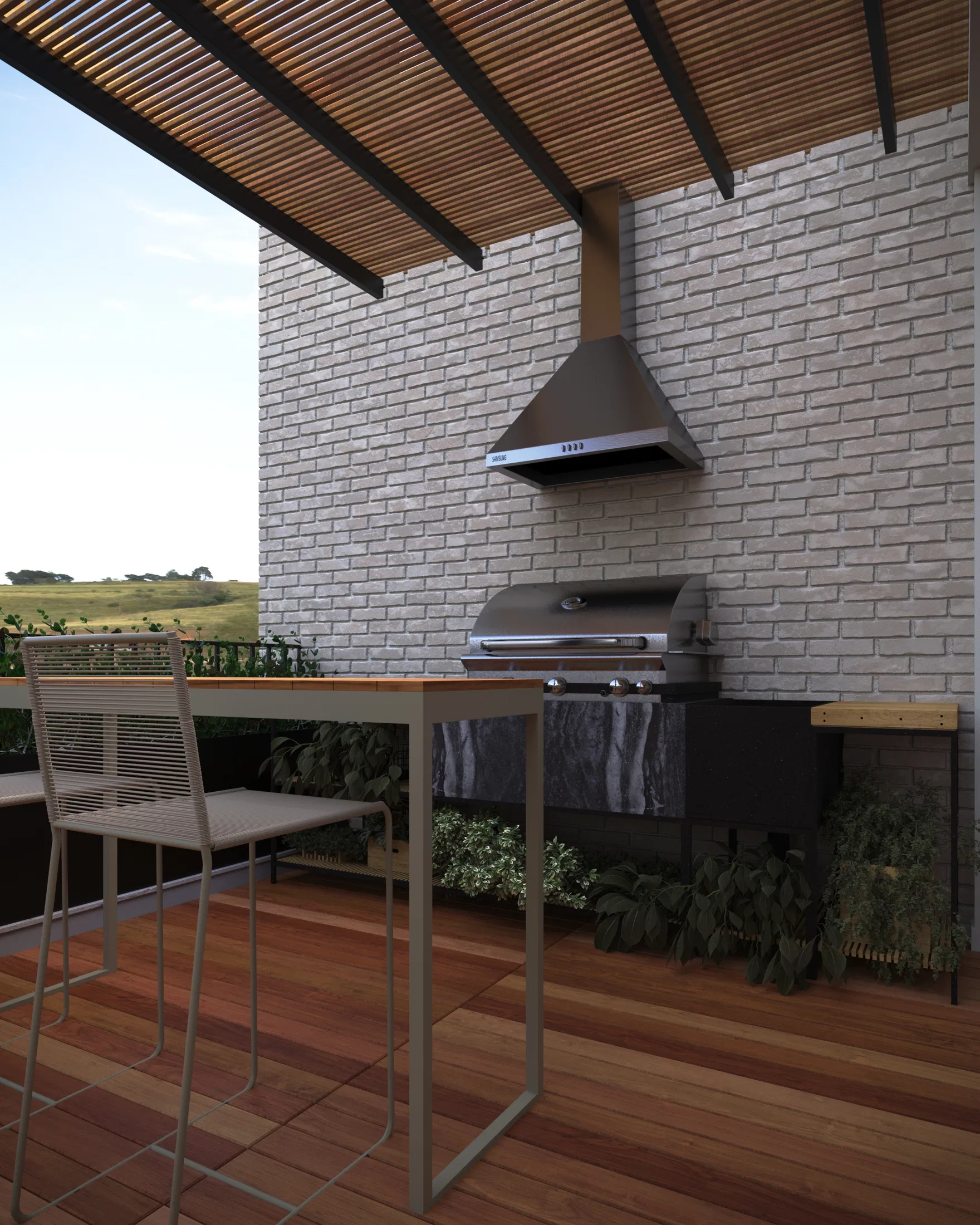 Built-in grill set into an exposed-brick wall under the pergola, with a dark marble counter and a bar stool