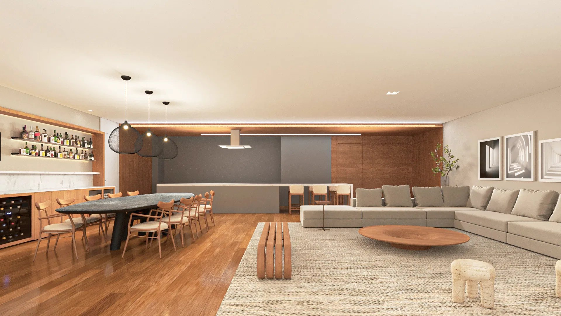 Wide view of the integrated living room and kitchen in Birdie Apartment, featuring a bar counter and modern furniture in neutral tones.