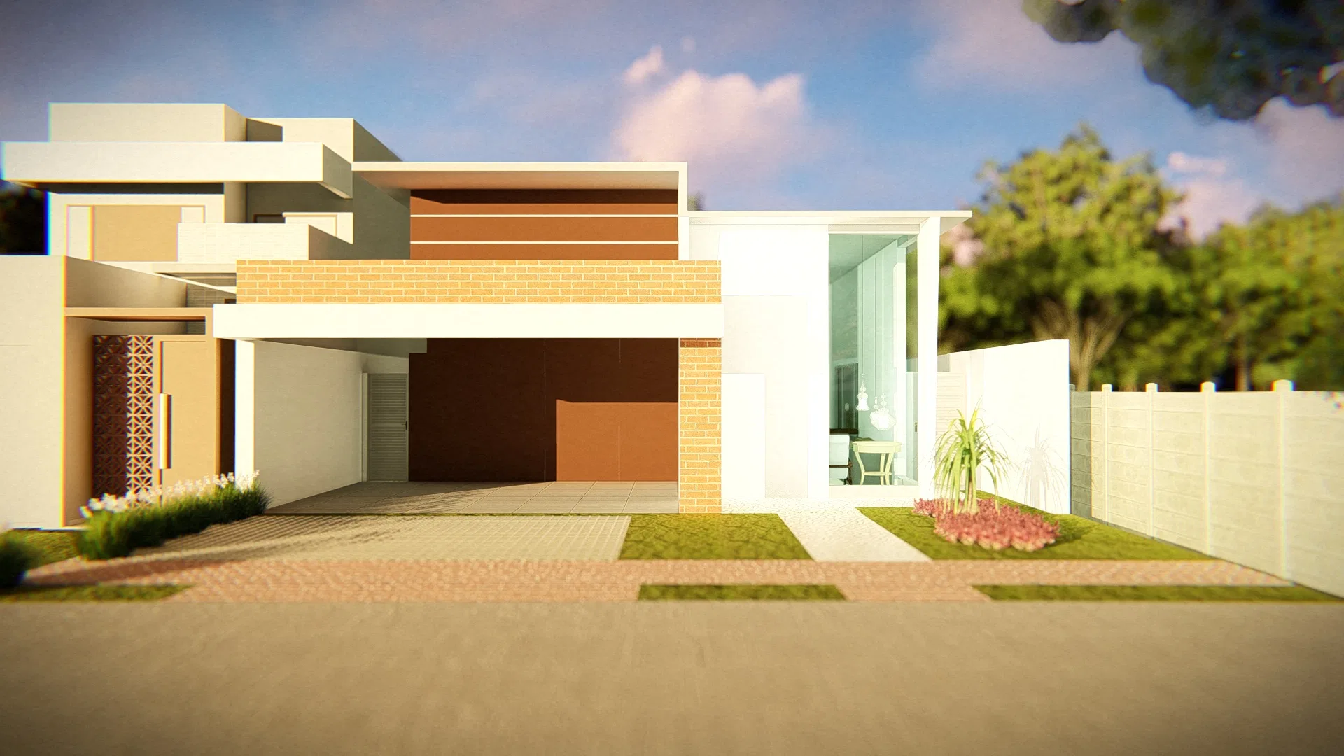 Façade of a low contemporary house with white volumes, a yellow-brick band and a covered carport, an entry garden of grass, a flower bed and a perforated gate
