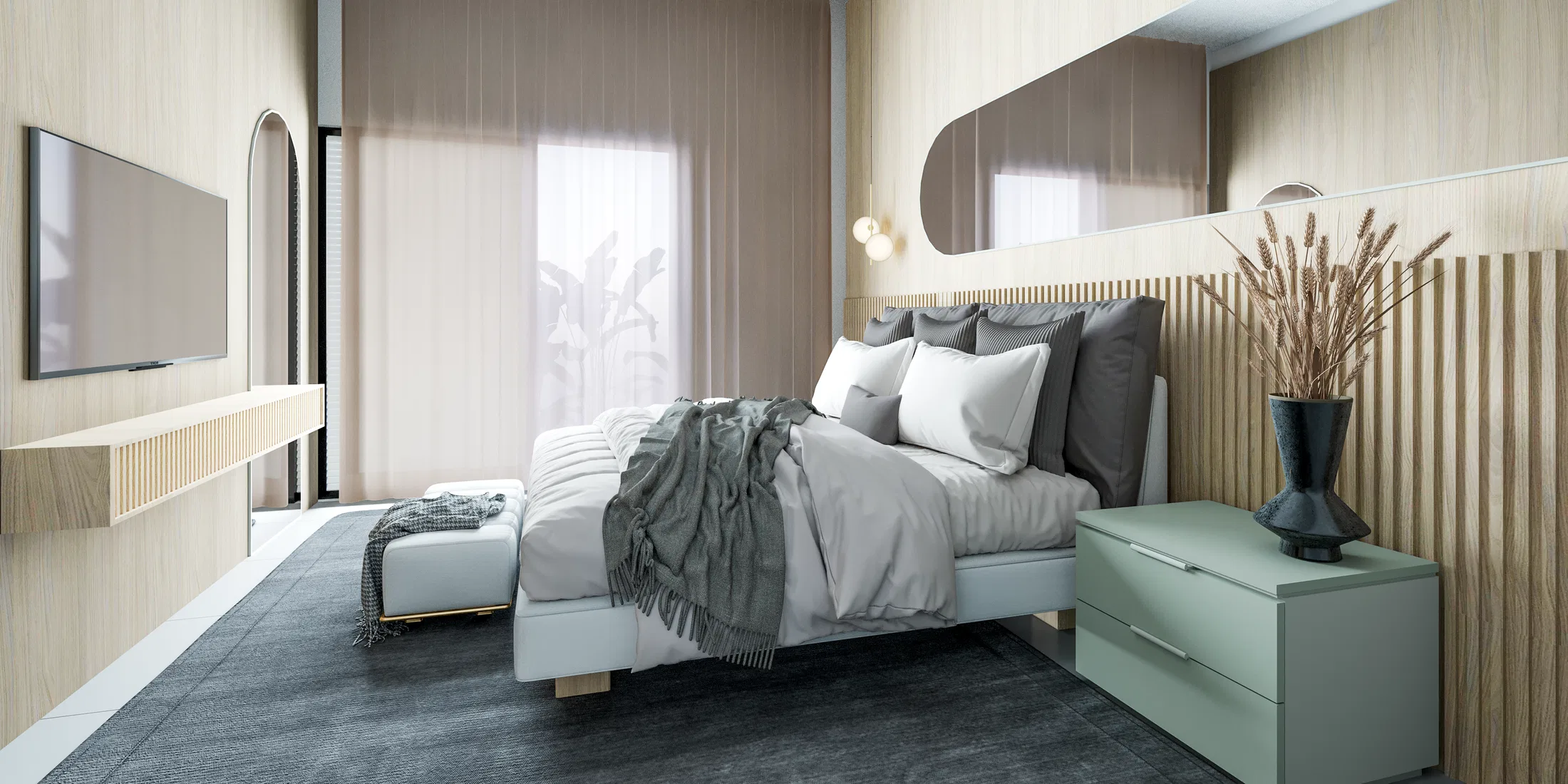Master suite with a curved mirror headboard, a slatted wood wall, a mint-green nightstand and a vase with dried wheat stalks