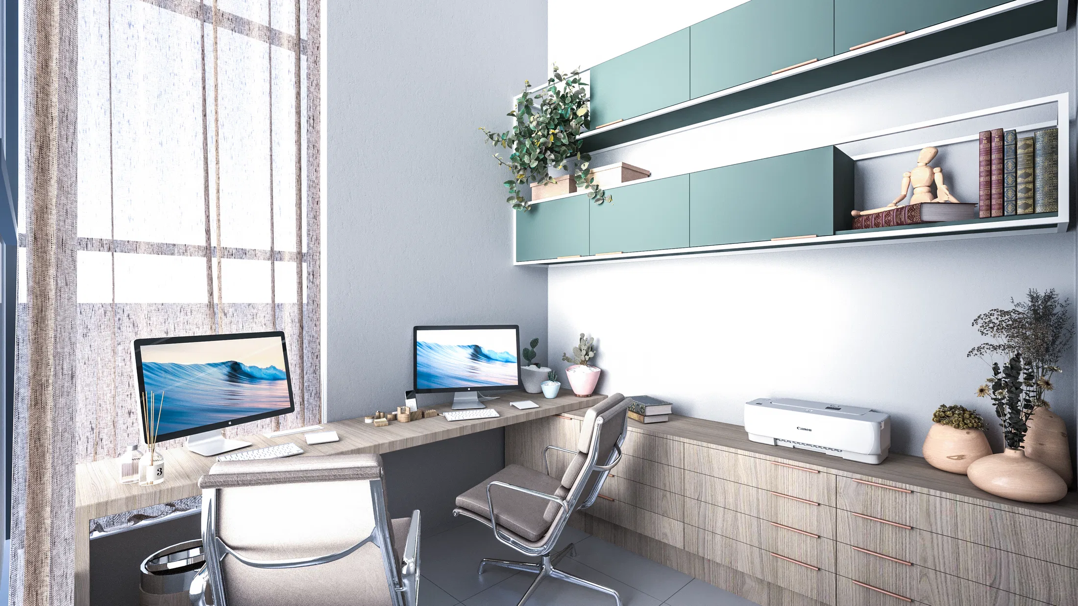 Home office with two side-by-side workstations, mint-green cabinets and a shelf with books and plants