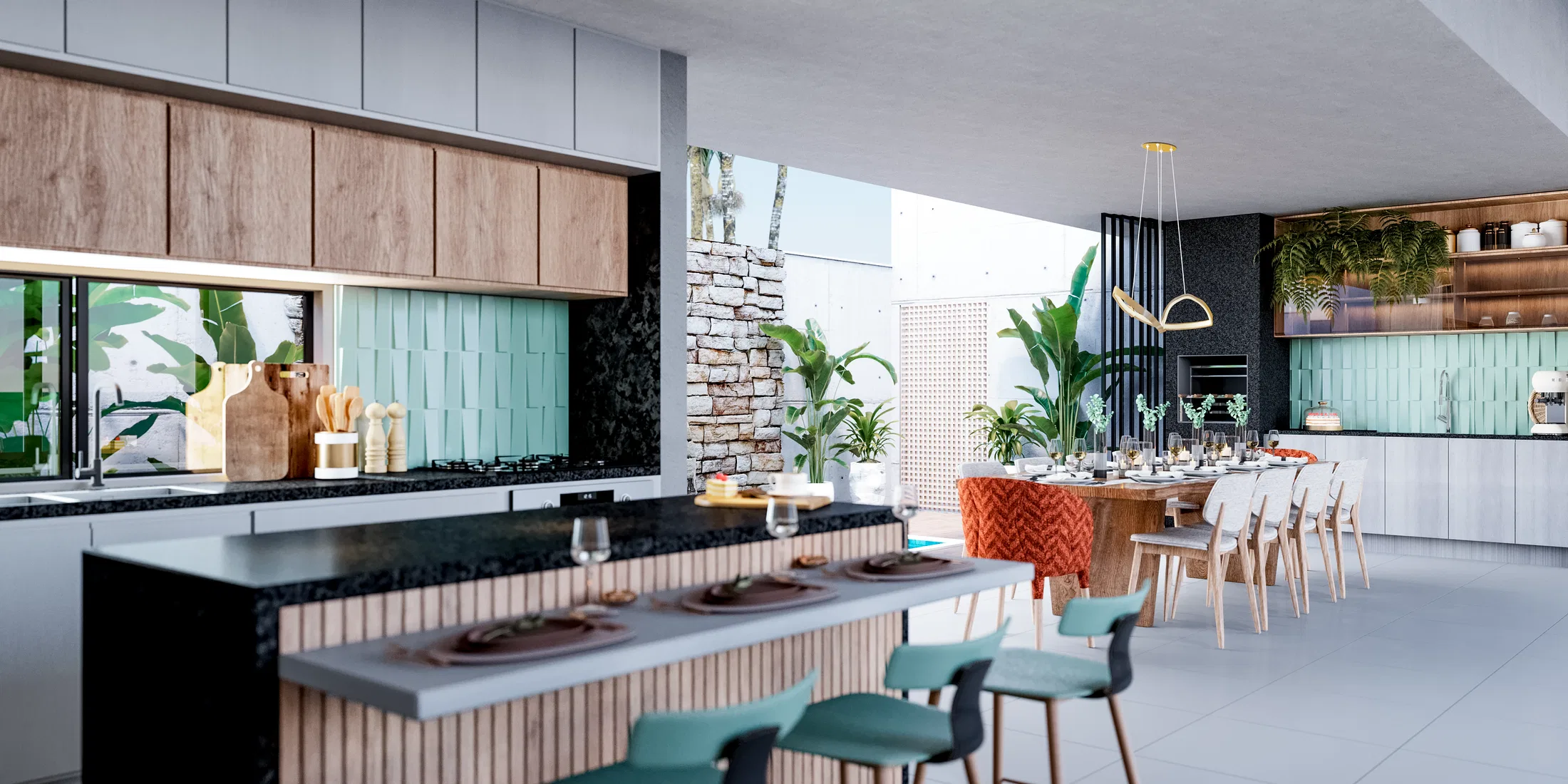 Kitchen with a dark stone central island, light wood cabinetry, mint-green tile backsplash and an integrated dining room beyond