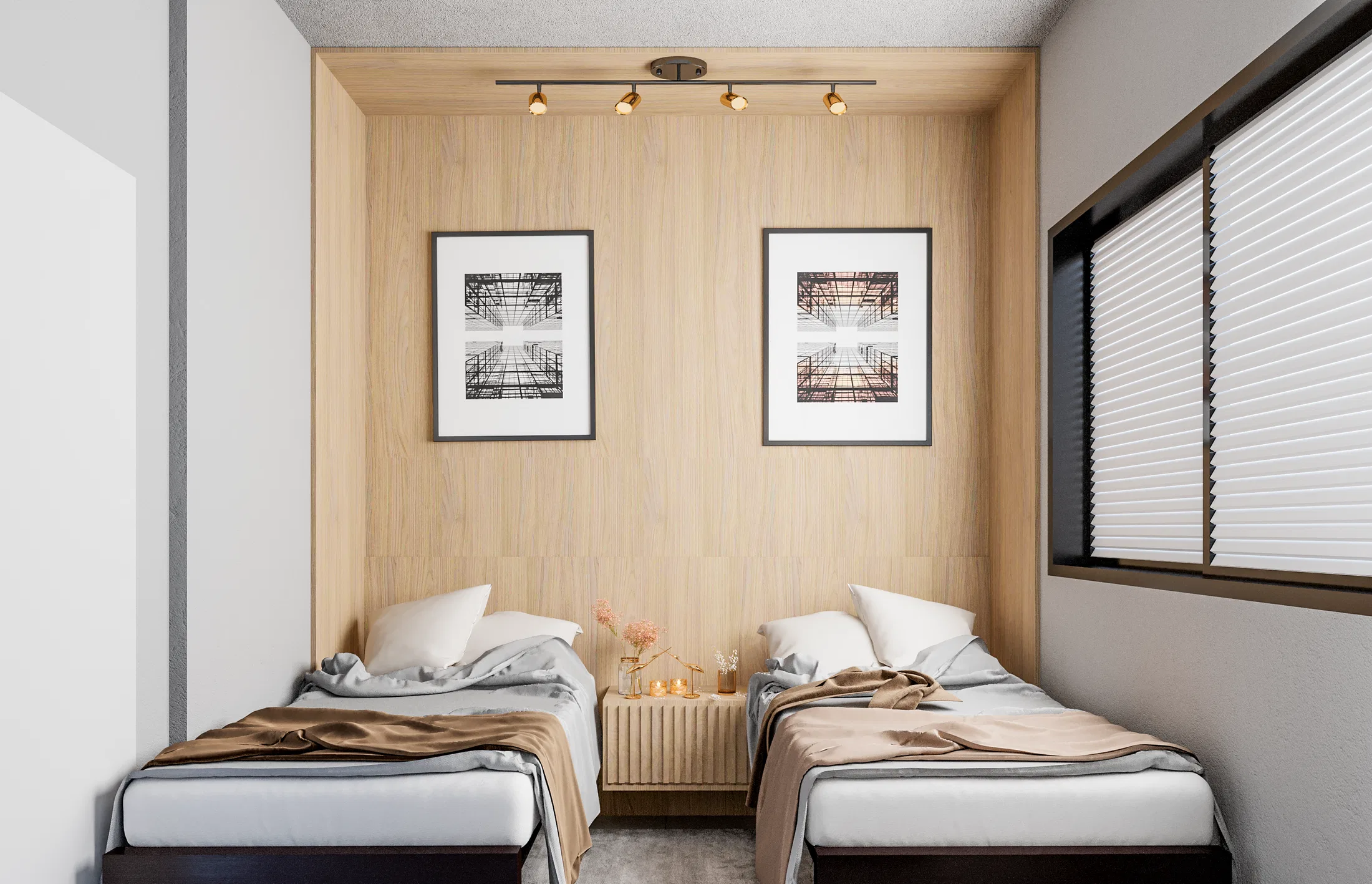 Twin-bed suite in a wood-lined alcove, with framed prints on the wall and blinds on the window