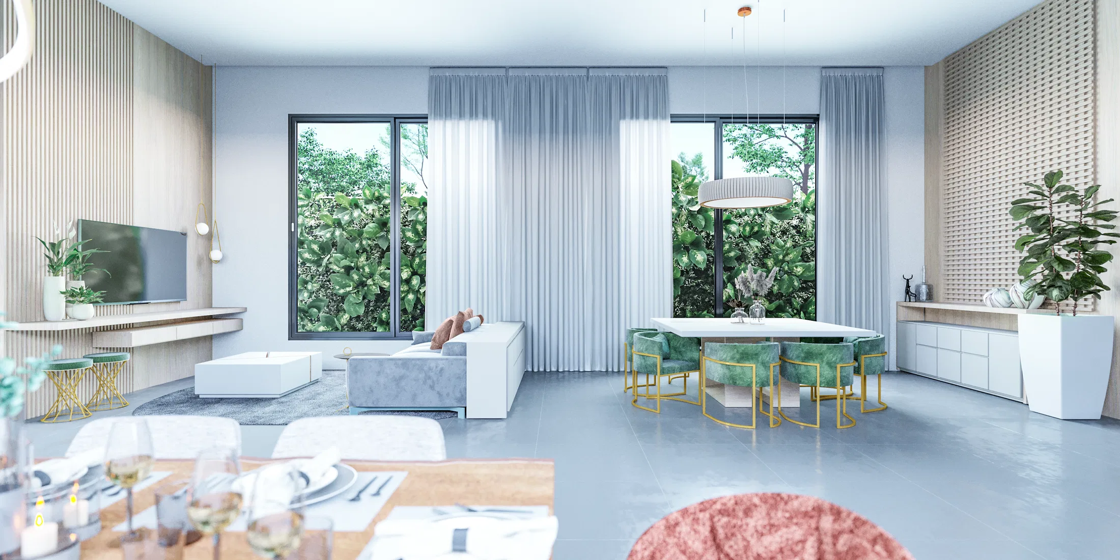 Integrated living and dining room, with a white sofa, a slatted wood TV panel and green chairs with a gold frame