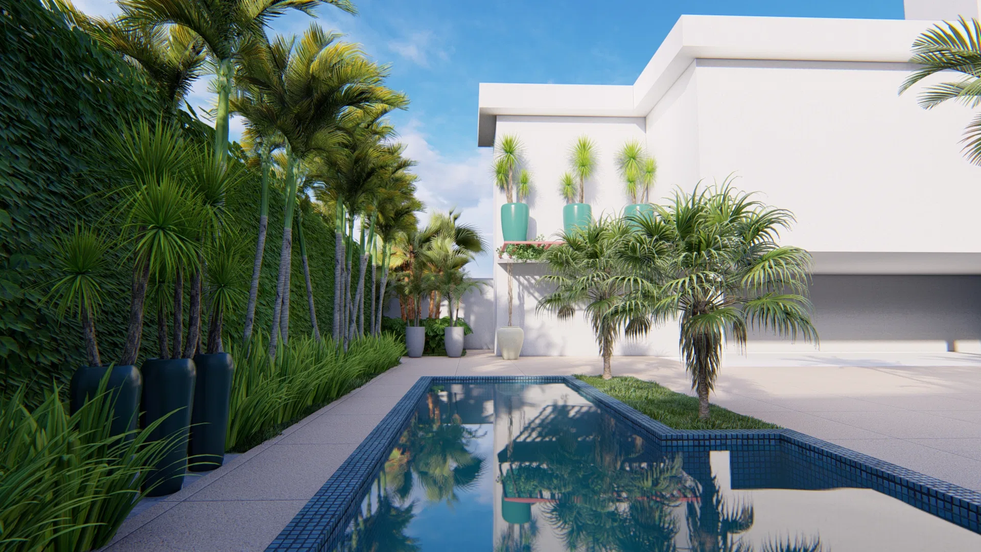 Mirror-like pool reflecting the facade, flanked by palms over a green hedge and tall dark planters with dracaenas