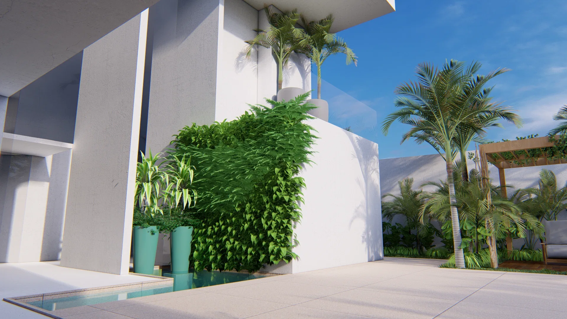 Nook by the white facade where a green wall climbs the render, turquoise pots and a shallow strip of water below