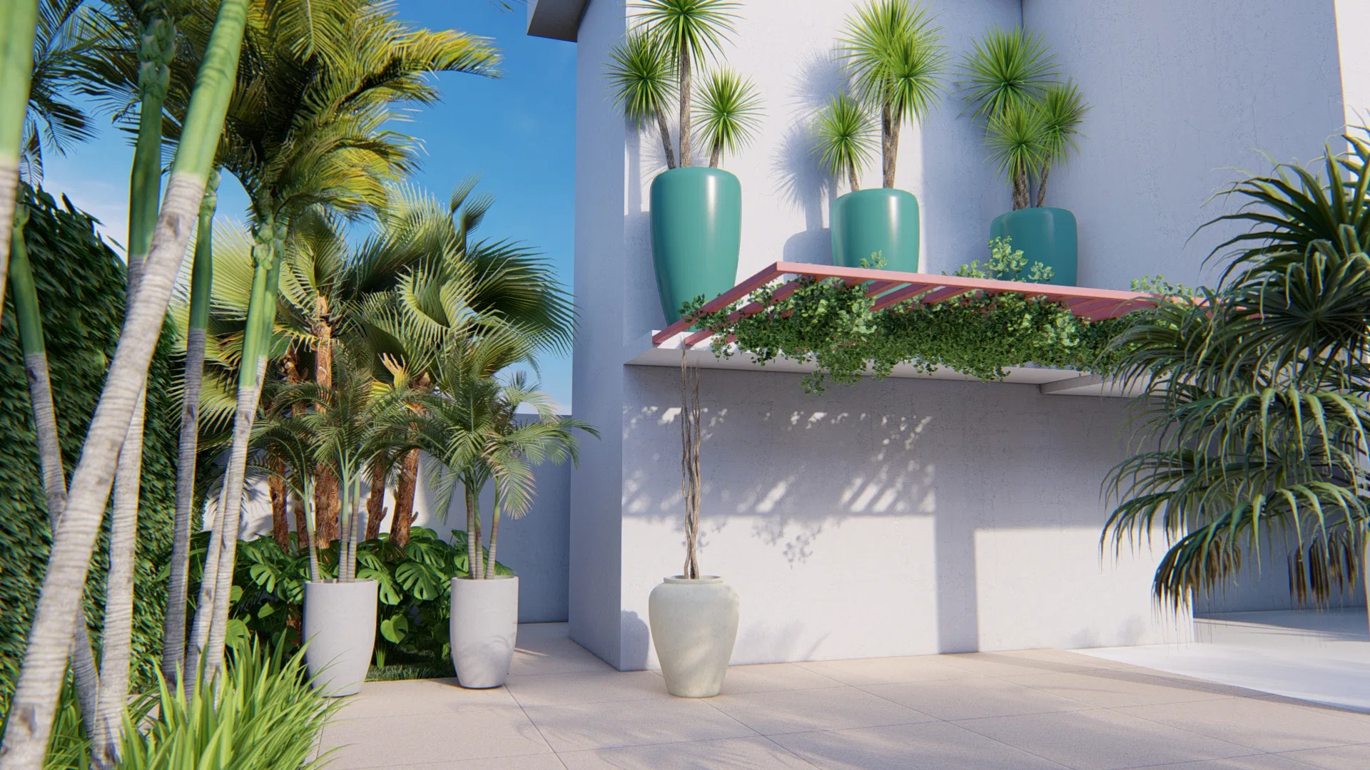 White facade corner with a shelf of turquoise pots holding dracaenas, palms in pale planters and bamboo alongside