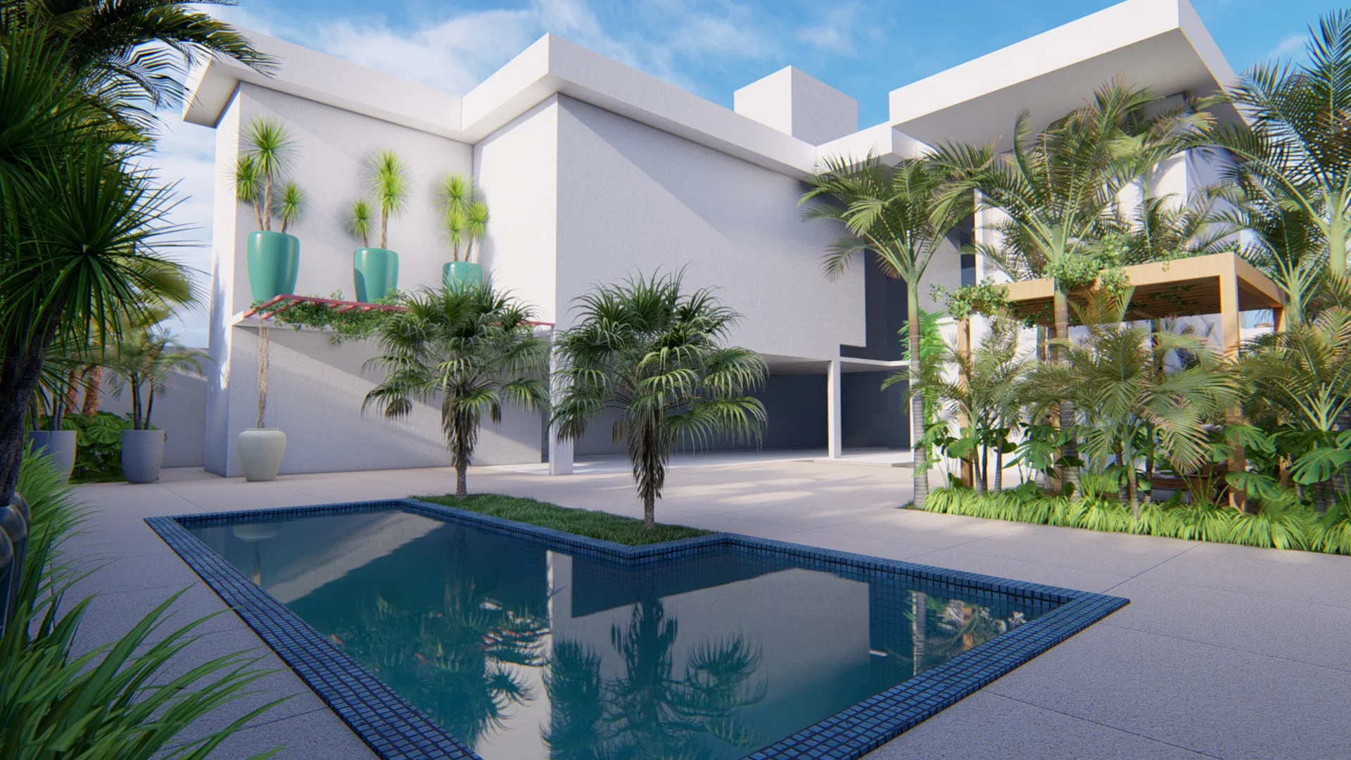 Pool with a grassed island and central palm, turquoise pots on a shelf against the facade and a pergola to the right