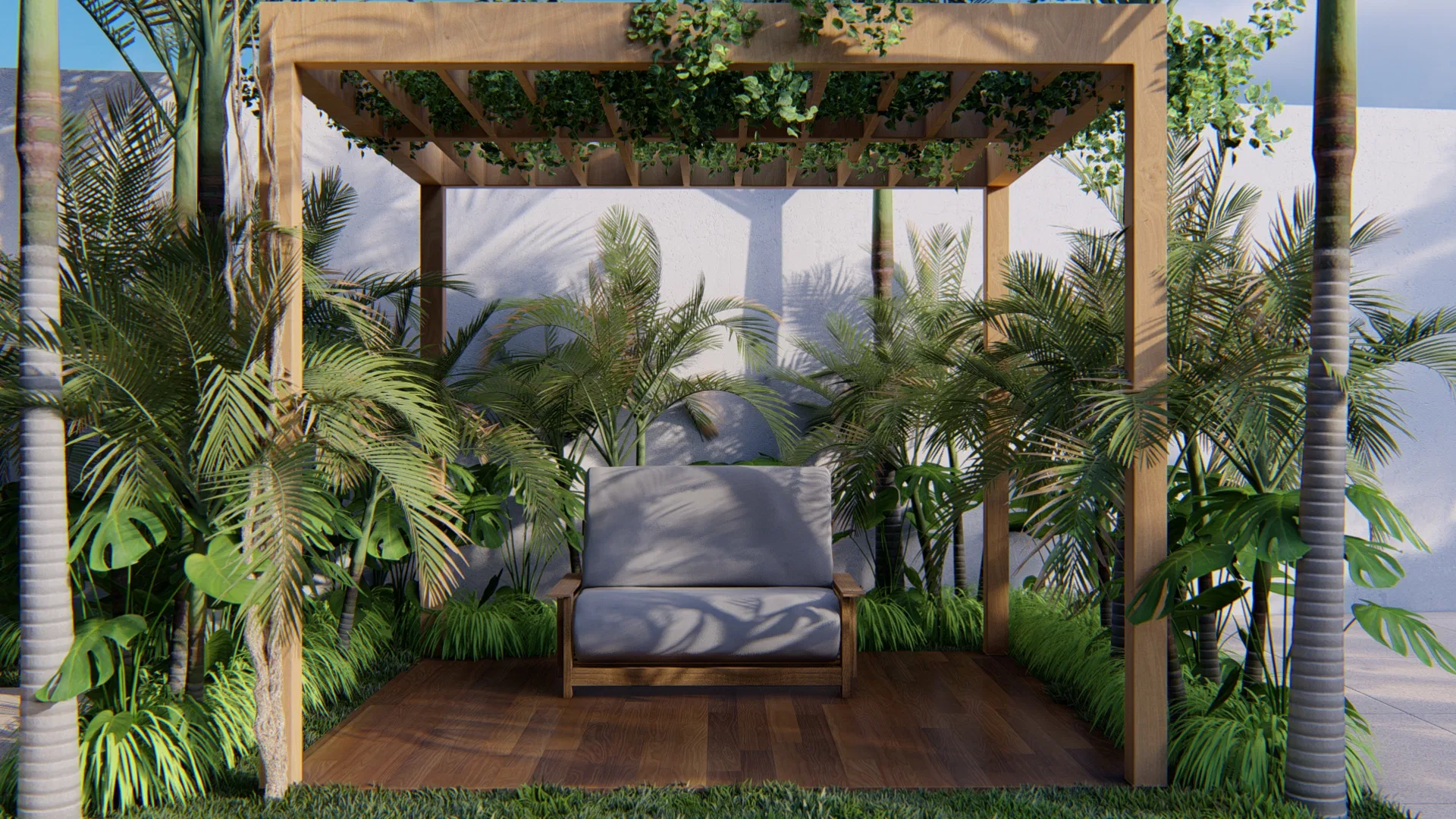 Timber pergola topped with climbers sheltering a cushioned daybed on decking, framed by palms and lush foliage