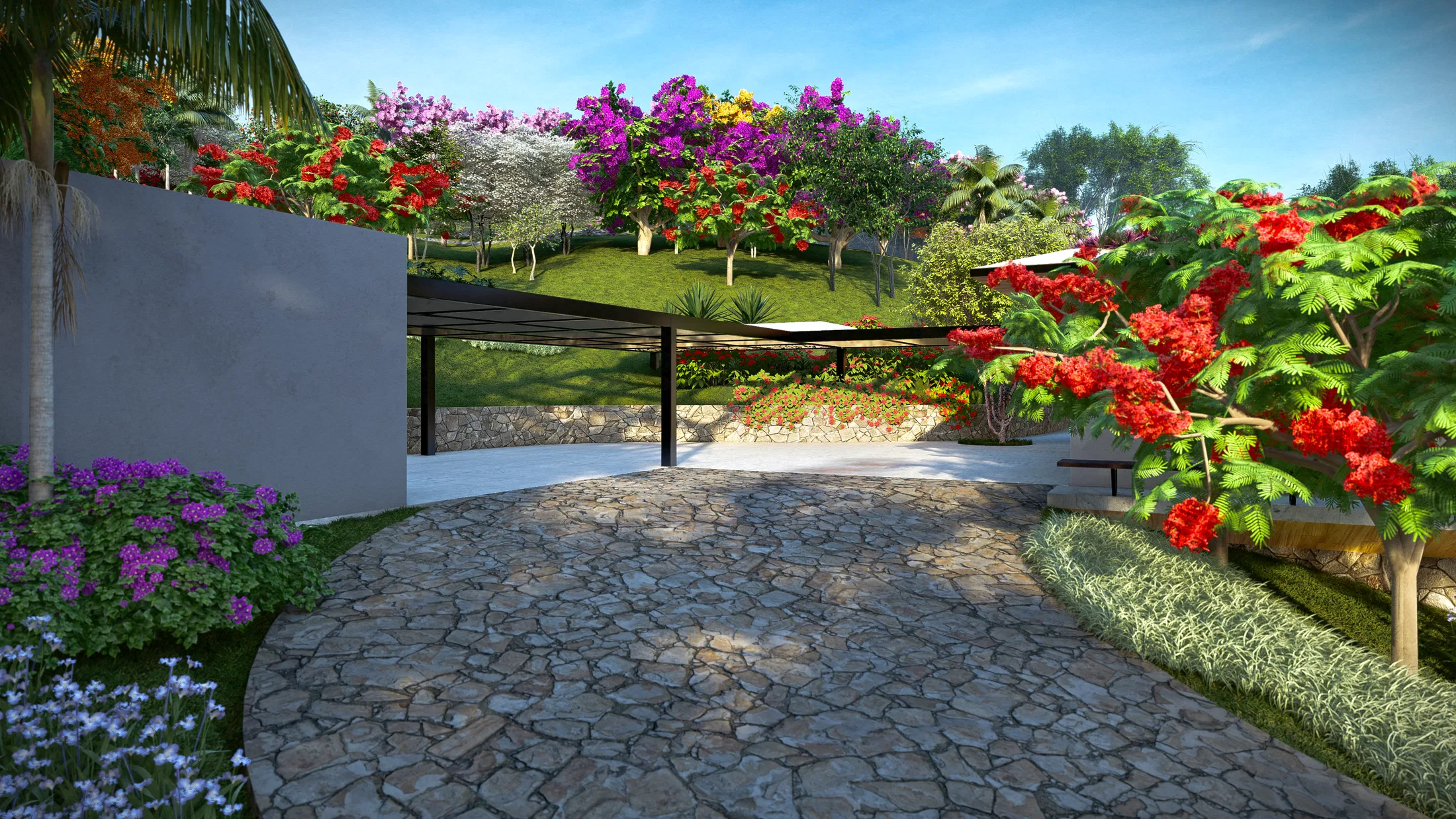 Carport access under a pergola on the hillside, with a stone wall and flowering vegetation in purple and red tones around it.