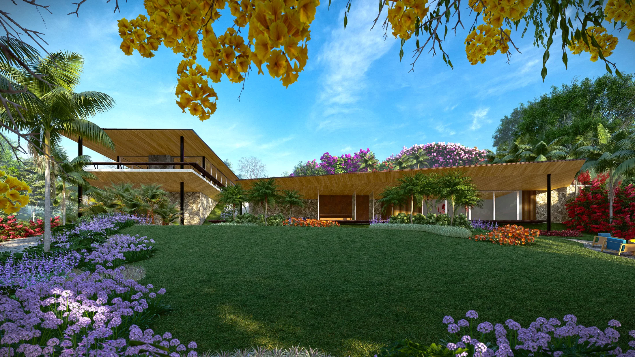 Mountain residence facade with a wood pergola under a vegetated roof, flowering yellow ipe branches in the foreground and purple bougainvillea.