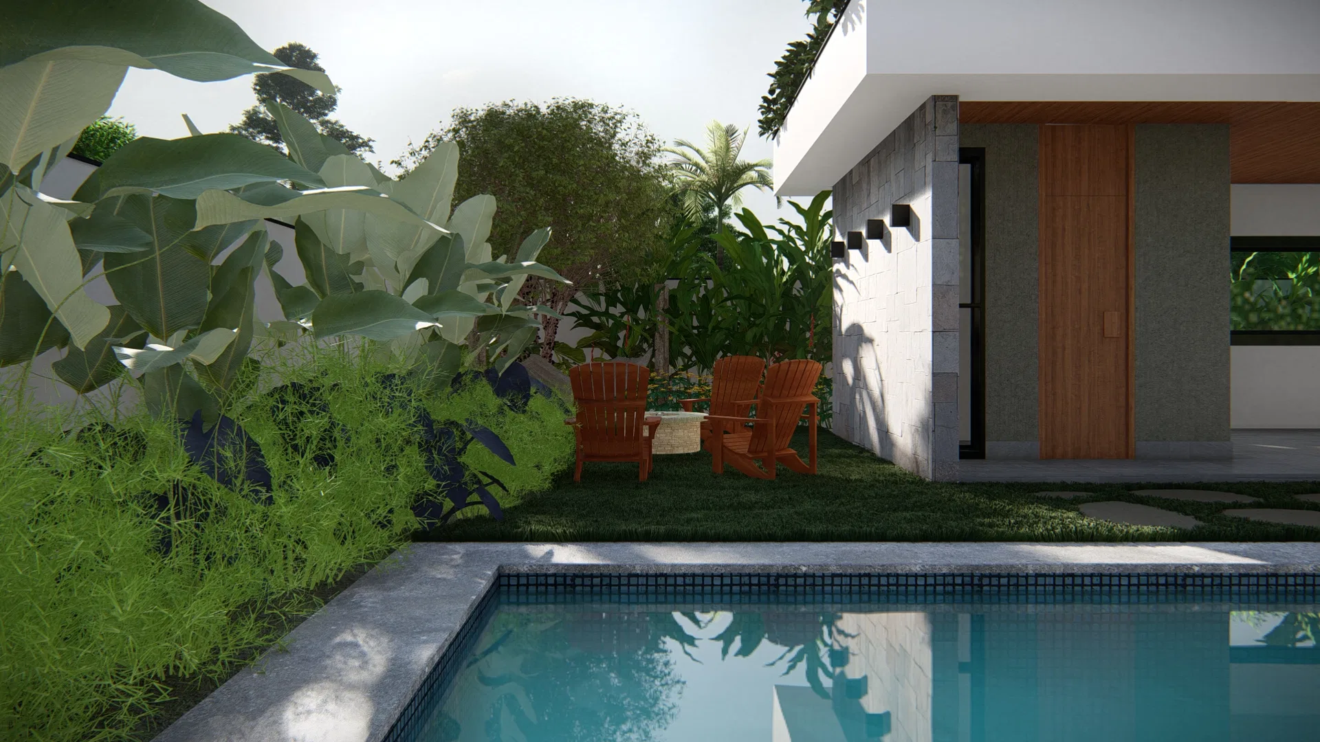 Architectural visualization of Green-Tiled Facade Residence with Imperial Palms and Heliconia Beds — GRON 3D