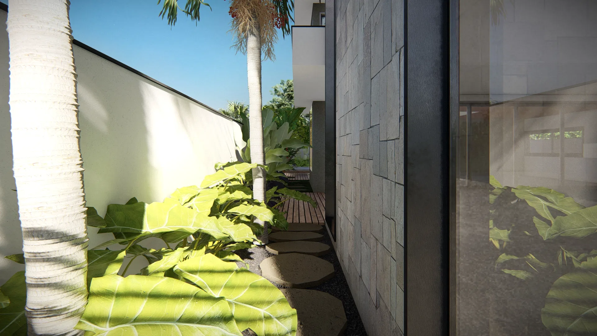 Architectural visualization of Green-Tiled Facade Residence with Imperial Palms and Heliconia Beds — GRON 3D