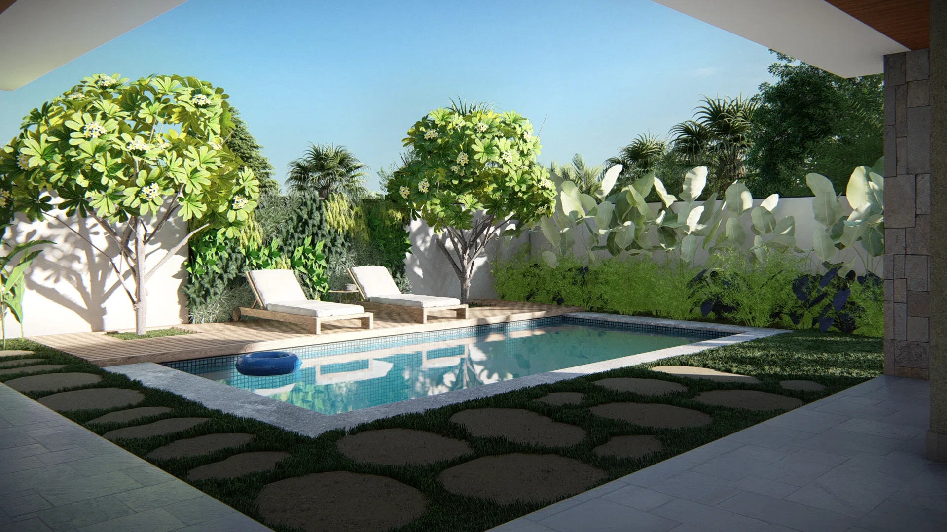Architectural visualization of Green-Tiled Facade Residence with Imperial Palms and Heliconia Beds — GRON 3D
