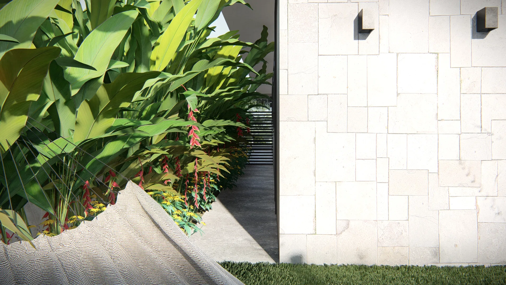 Architectural visualization of Green-Tiled Facade Residence with Imperial Palms and Heliconia Beds — GRON 3D