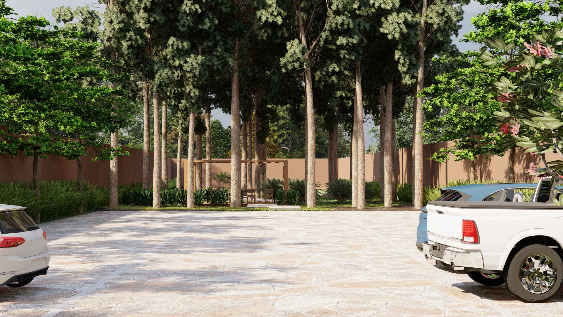 Cluster of tall palm trees on a lawn, near a staircase and support structure, with parked vehicles in the background