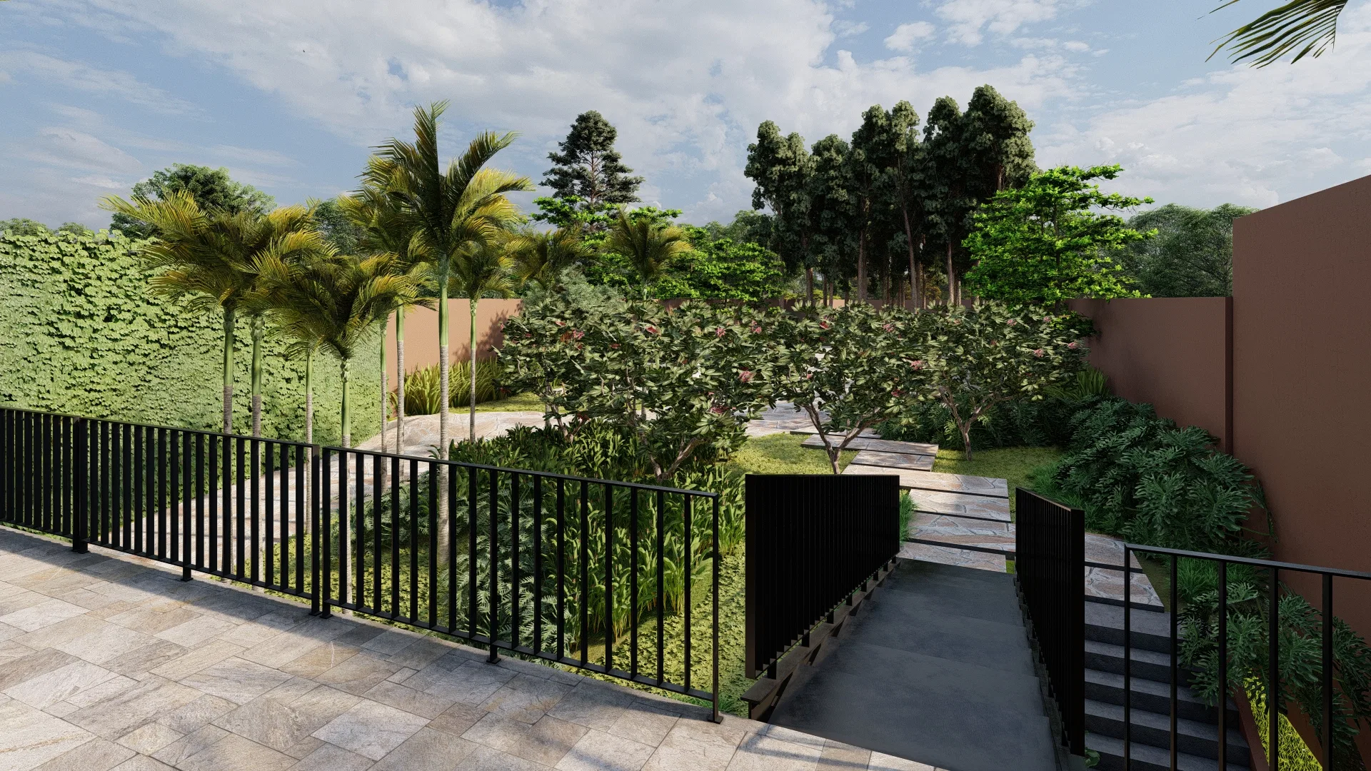 Pool beside the house, lined with tall palm trees in planters and a metal railing, with an ivy-covered wall behind