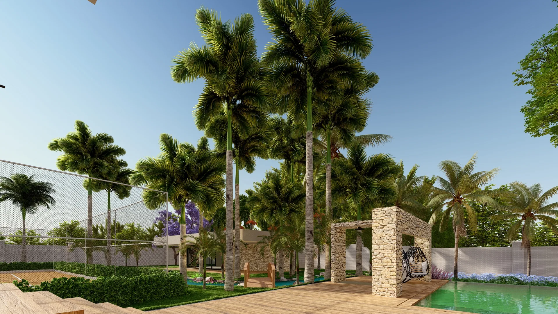 Wooden deck with tall palms and a stone module sheltering hanging chairs, beside a pool of greenish water