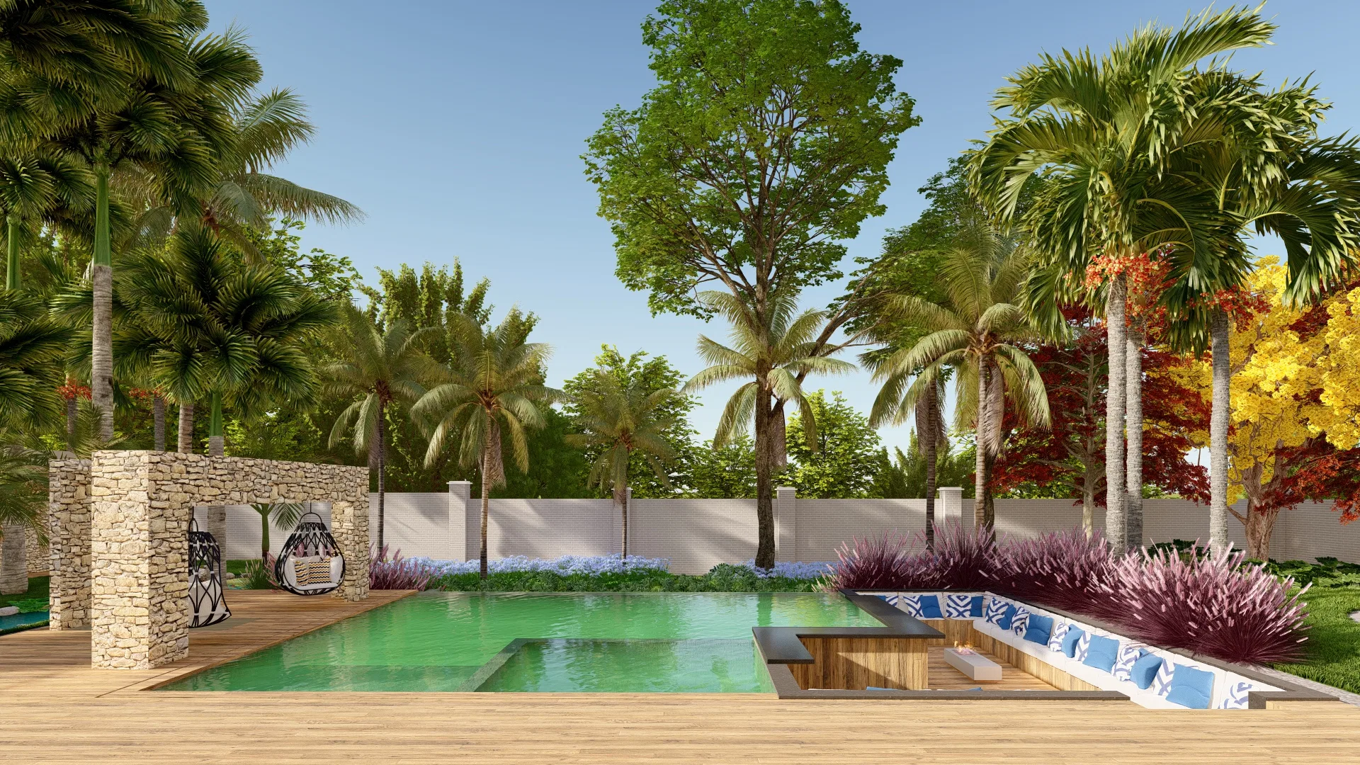 Pool with a wooden deck, a stone cabana with hanging chairs and a sunken lounge of patterned cushions among purple grasses