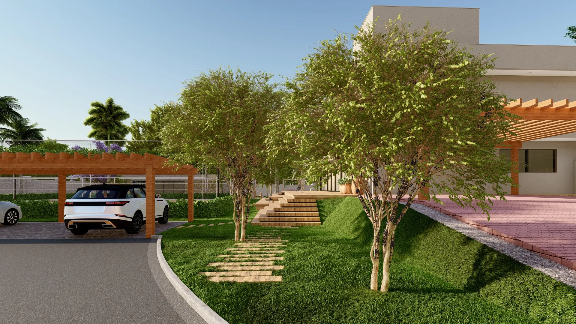 House entrance with a wooden pergola sheltering a white SUV, a landscaped stair and a stepping-slab path over a sloped lawn