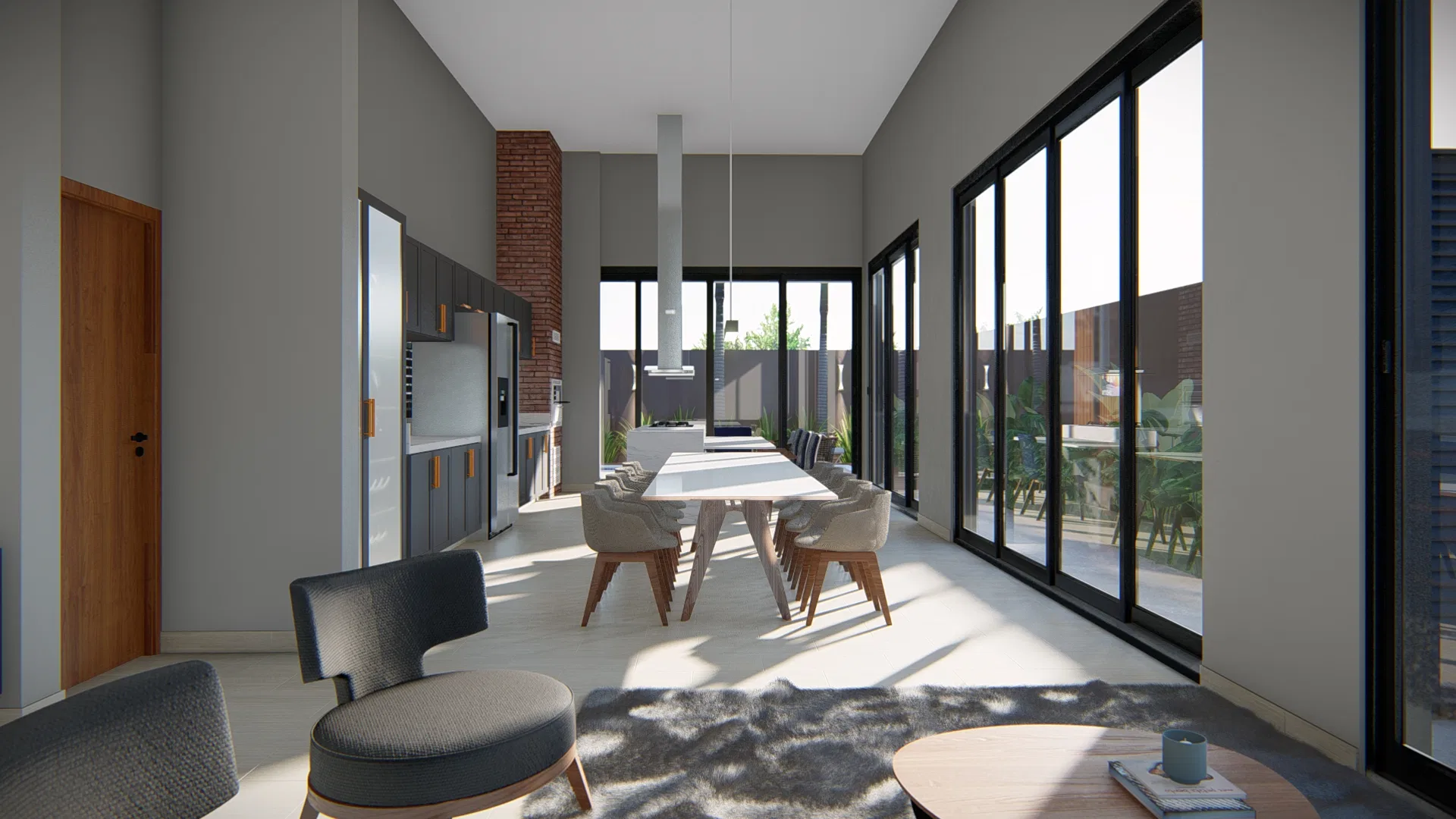 Open dining area with a double-height ceiling, a wooden table with light chairs, an exposed-brick column and wide glass doors