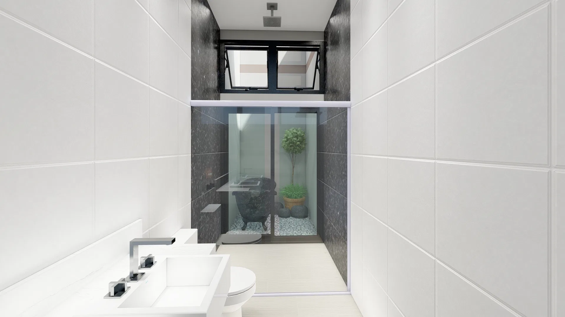 White-tiled bathroom with basin and toilet, glazed off from a small internal garden with a potted tree and pebble floor