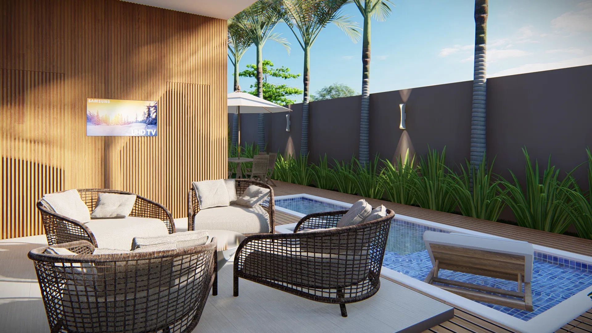 Leisure terrace with wicker armchairs, a TV on a slatted-wood panel and a small blue-mosaic plunge pool beside ornamental grasses