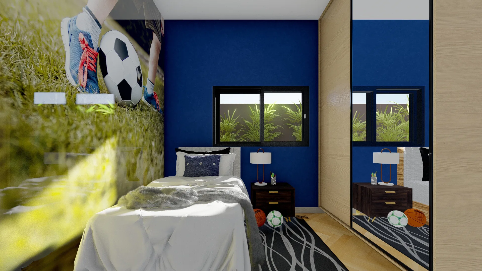Bedroom with a blue wall and football mural, a single bed, a bedside lamp and a mirrored wardrobe with wood trim