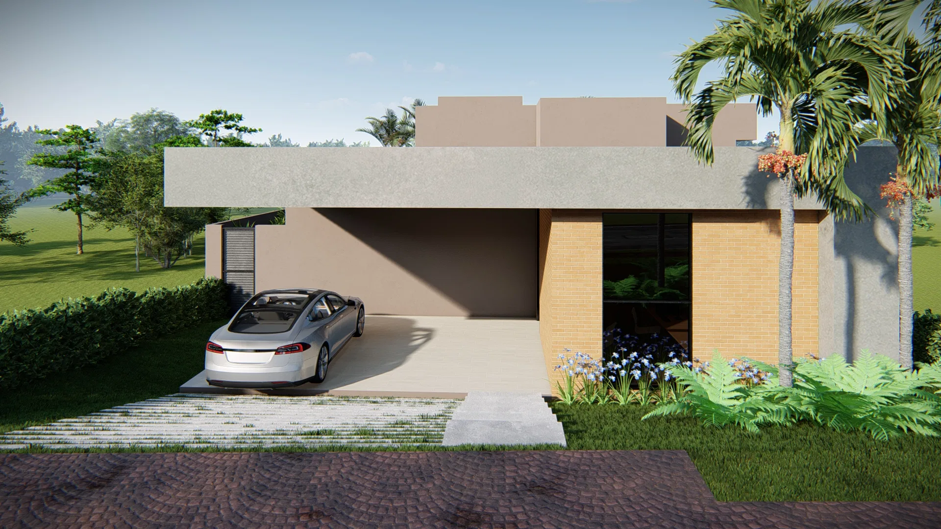 Front façade of a single-storey house with a cantilevered concrete slab, terracotta-toned wall and a car under the carport, among palms