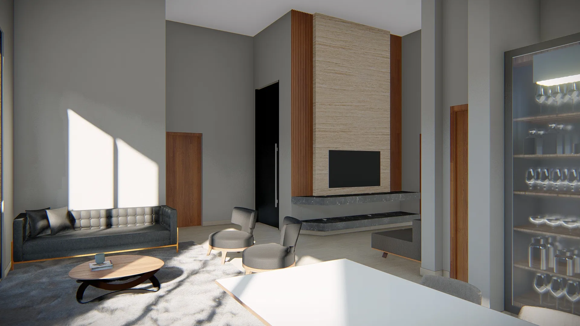 Double-height living room with a wood-and-stone fireplace, a glass wine cabinet holding glasses, a dark sofa and grey armchairs