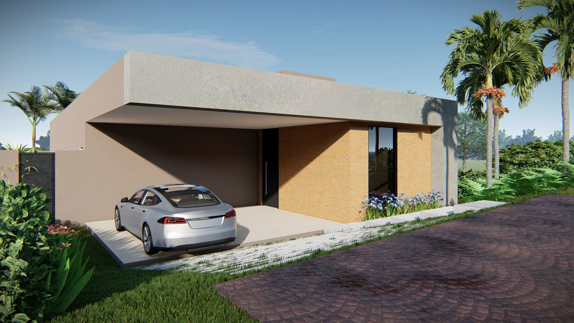 Angled view of the same single-storey house, projecting horizontal slab, a silver car in the carport and a stone path through the garden