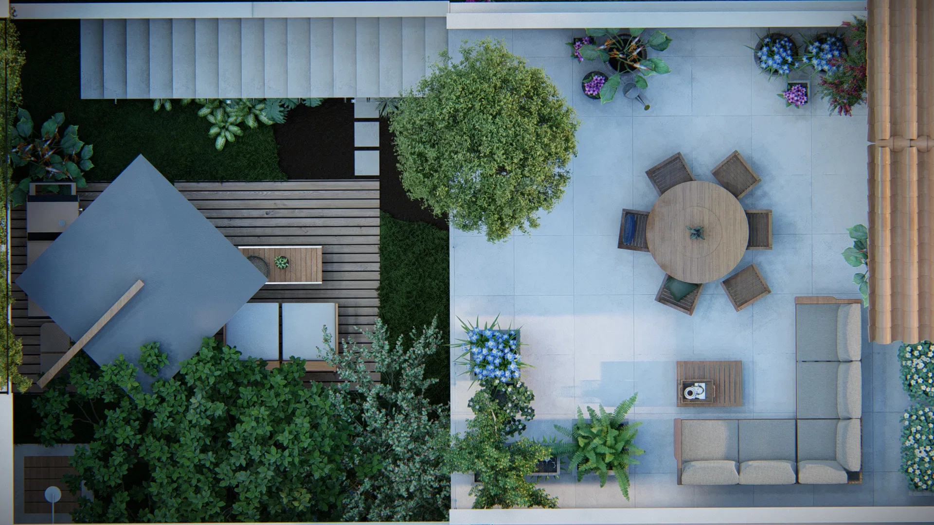 Aerial view of the courtyard, showing the parasol deck, the terrace with round table and L-shaped sofa, lawn, a tree and pots of hydrangeas.