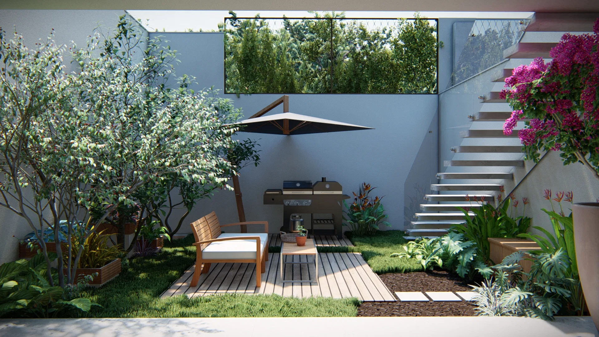 A compact courtyard with a timber deck, armchair, black parasol and grill, beside a floating concrete stair and magenta bougainvillea.