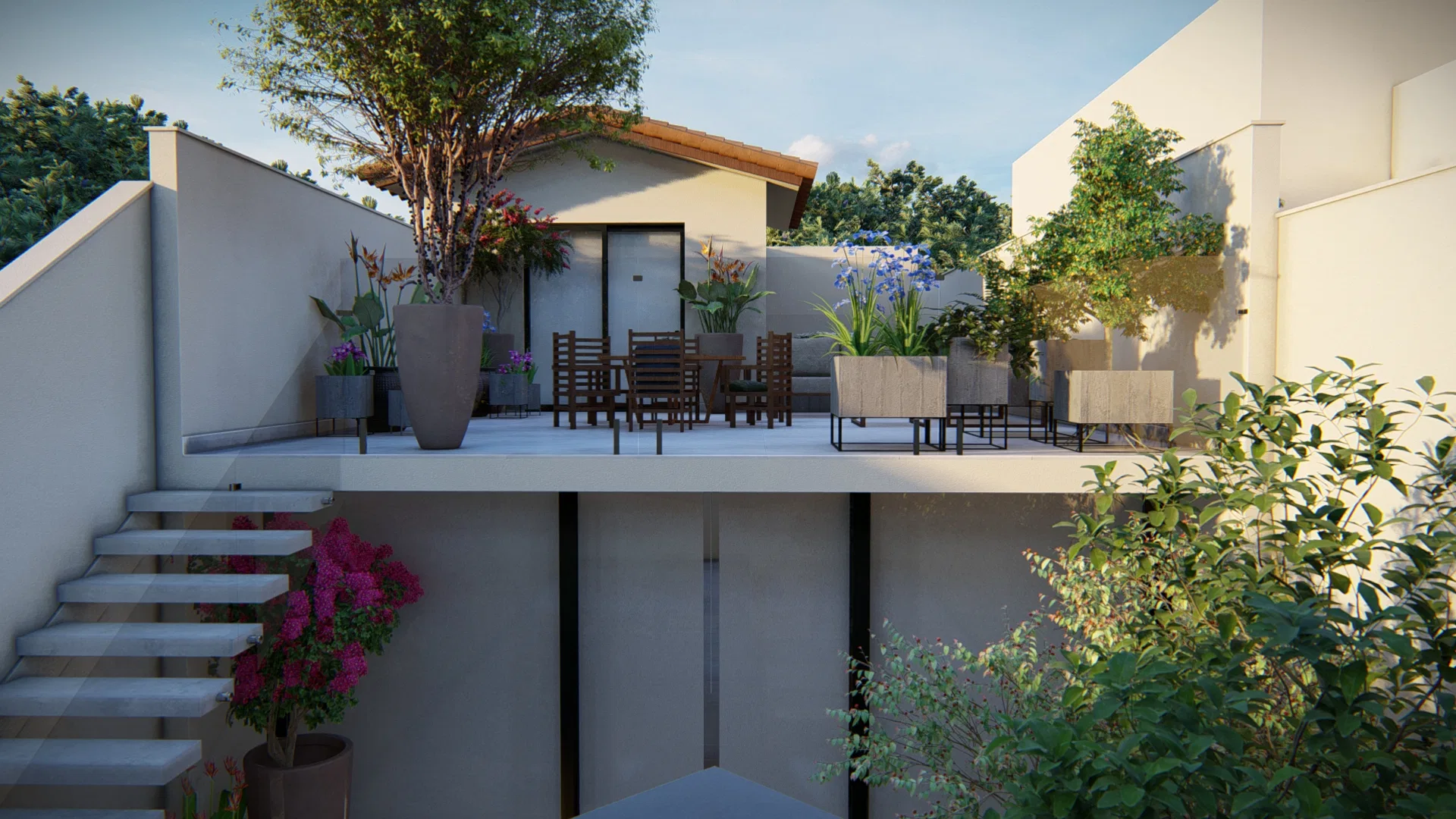 A two-level side view: a dining terrace with pots and birds of paradise above a lower floor, with a concrete stair and bougainvillea on the left.