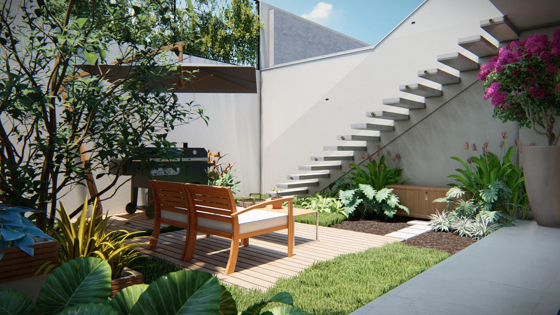 The same courtyard from another angle, with a timber deck and armchair, a grill and broad-leaved beds beside the concrete stair on the white wall.