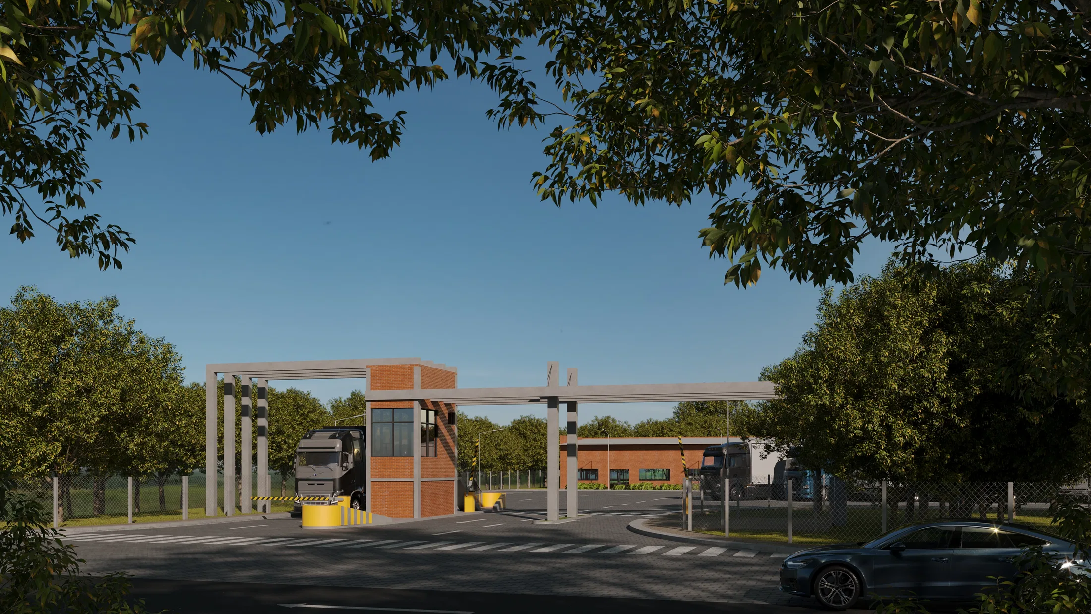Brick gatehouse with a control booth and long canopy over the lanes, framed by trees, a truck entering and a crosswalk.