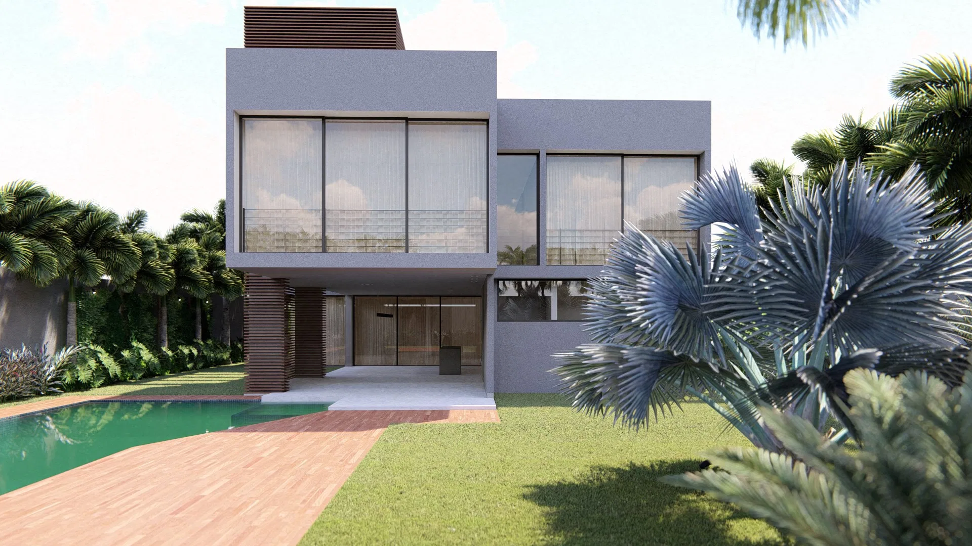 Rear facade of a two-story home with large glass openings, a pool in the foreground and blue-toned palm foliage