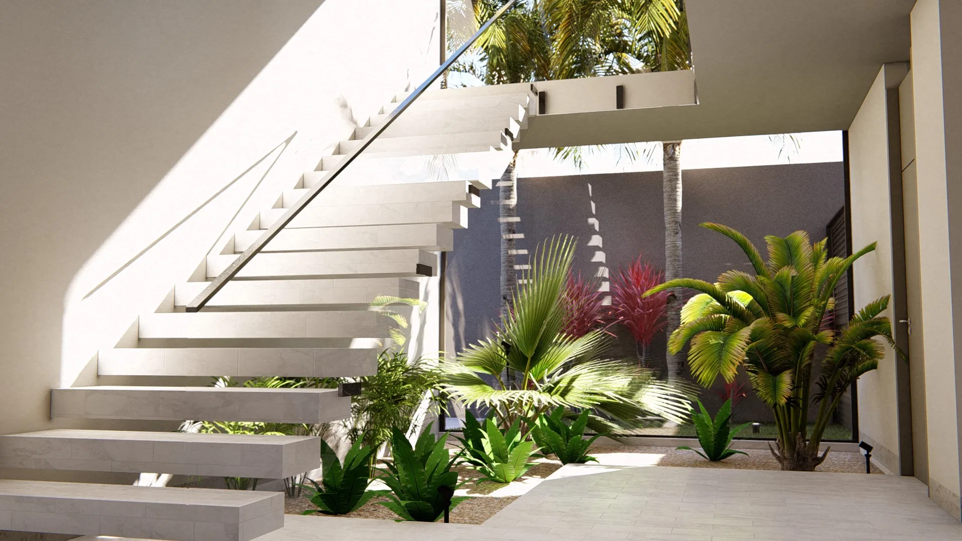 Interior floating staircase over a small winter garden with palms and ornamental plants at ground level