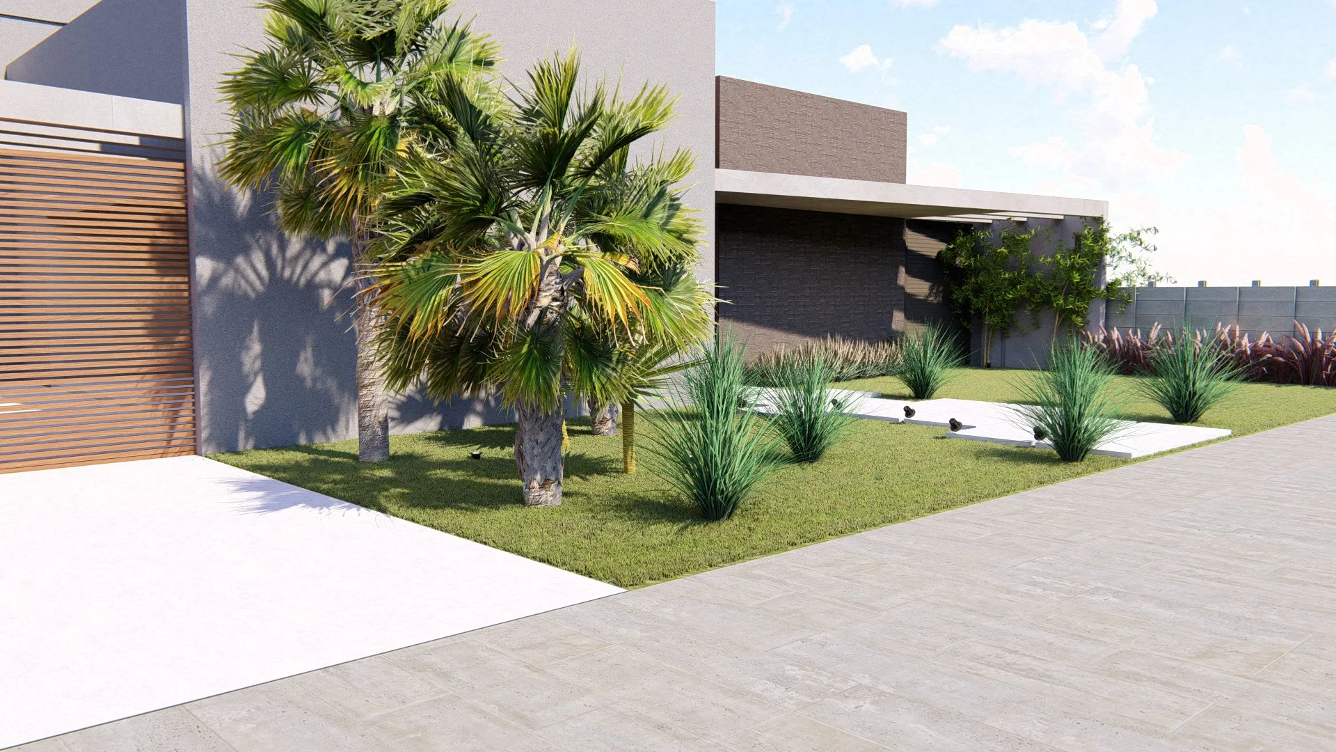 Close view of the entrance garden with tall palms, ornamental grasses and a paved path along the side facade