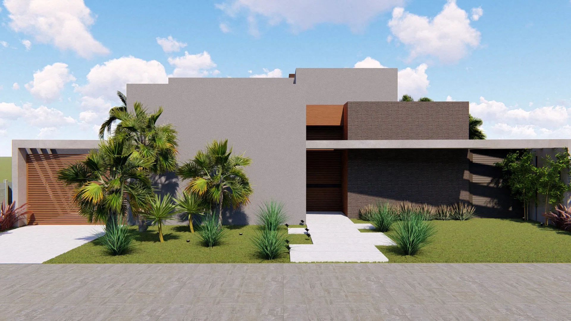 Front facade in two-tone volumes, a palm-tree garden by the entrance and a stone path leading to the carport