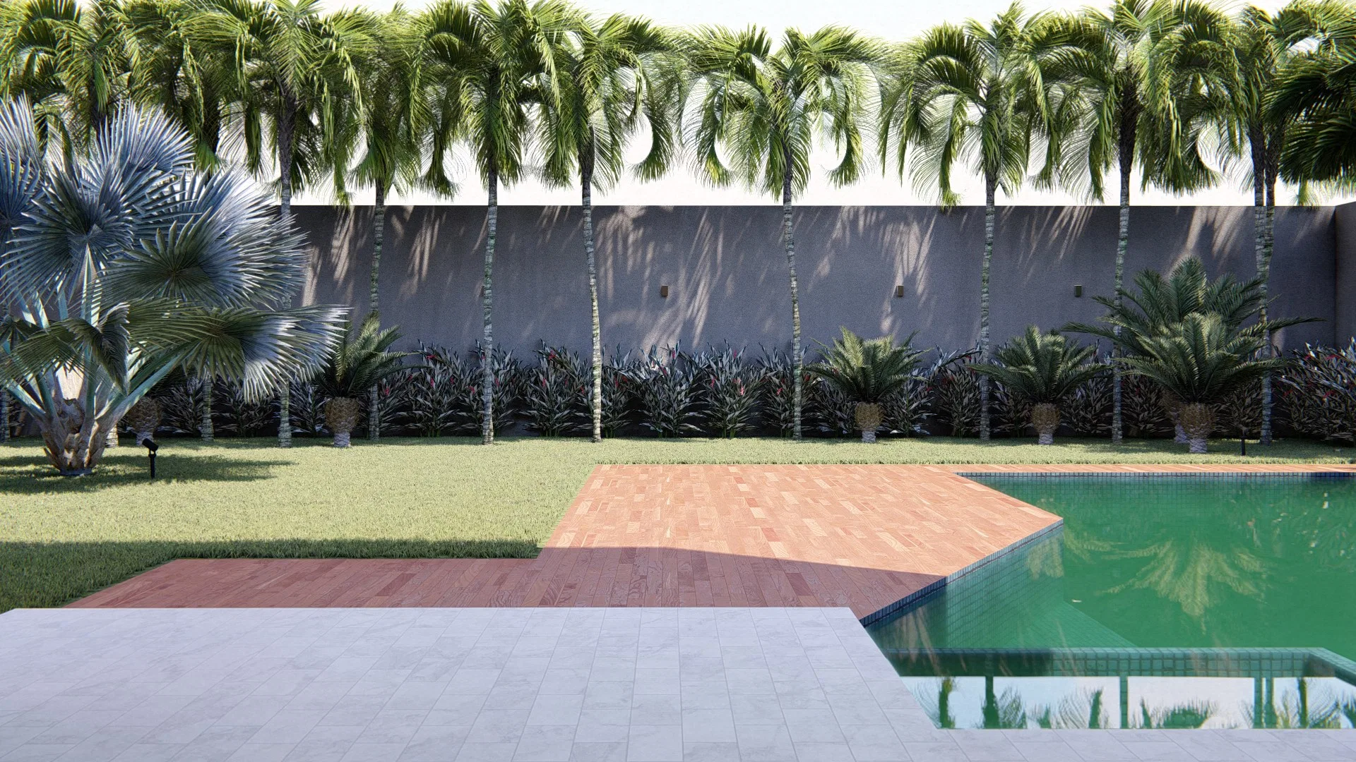 Wide garden view with an L-shaped pool, wood deck and a dense row of palm trees against the perimeter wall