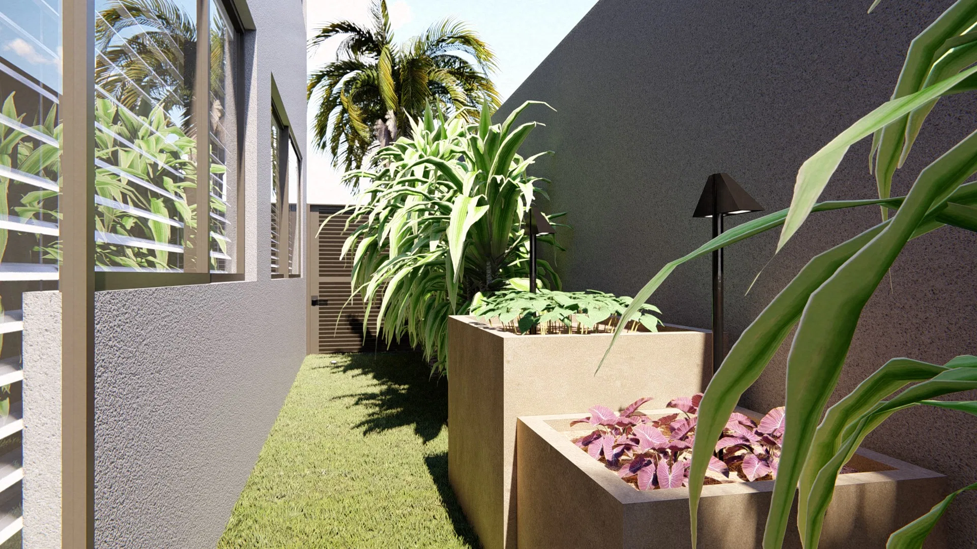Raised planter with tropical foliage and pink-leafed plants beside a narrow corridor with a garden light fixture