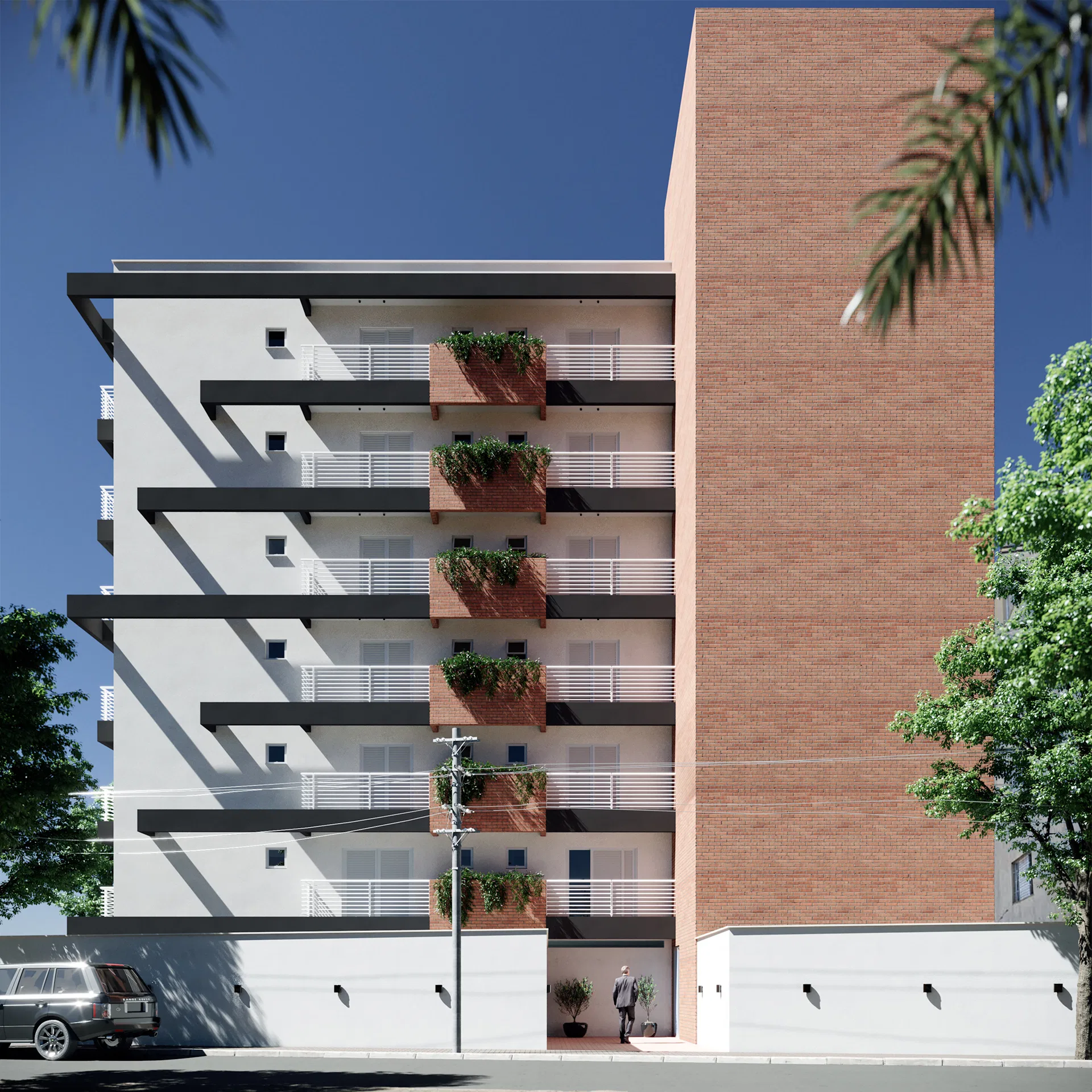 Front facade under a deep blue sky, with diagonally stacked balcony slabs, brick planter boxes and a tall blind exposed-brick end-wall