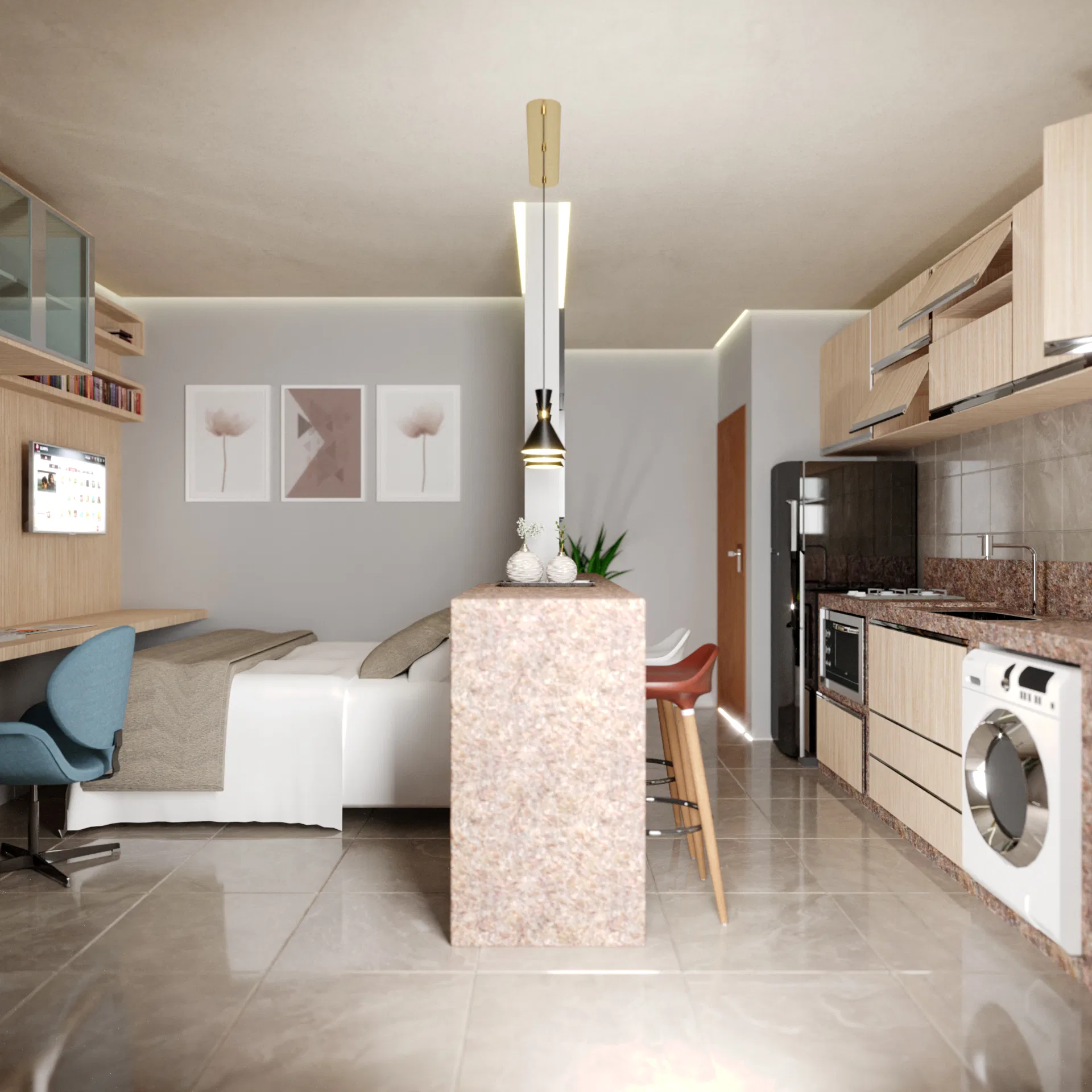 Compact studio loft interior with a bed, a built-in wood desk, an integrated kitchen with a stone counter and a peninsula with a red stool